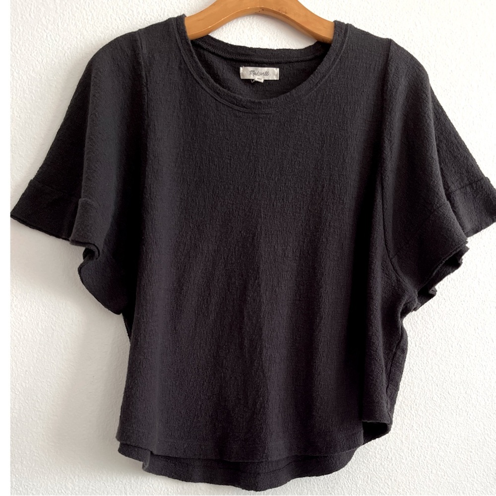 Madewell Textured Dark Brown Round Neck Short Batwing Sleeve Stretch Top Size L